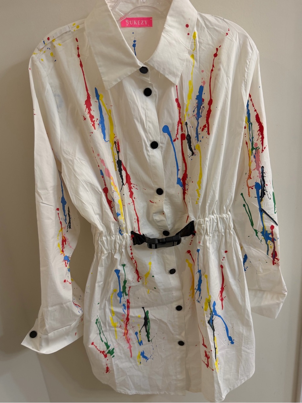 BUKEZY White Paint-Splatter Button-Front Shirt Dress, size L